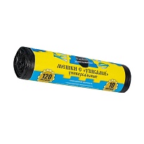 Мешки для мусора 120 л, с ушками, черные, в рулоне 10 шт., ПНД, 13 мкм, 1050х680 мм, Крепакоф, 4607075710436 в Белорецке