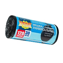 Мешки для мусора 120 л, с ушками, черные, в рулоне 30 шт., ПНД, 15 мкм, 1100х700 мм, Крепак, 4607075710375 в Белорецке